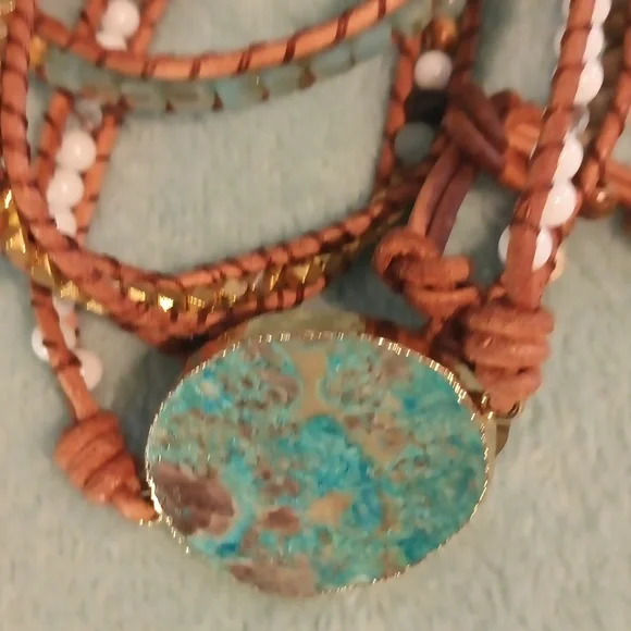 Boho ocean jasper leather wrap bracelet - Picture 2 of 2
